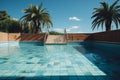 Summer anticipation Empty swimming pool with rusty stairs, tile floor