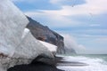 Summer arctic landscape with sea shore, snow and cliffs