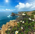 Summer Atlantic ocean sunshiny coastline Algarve, Portugal. Royalty Free Stock Photo