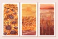 Summer, autumn canvas wall art tryptich. Beige, yellow, brown, orange, warm colors. Soft calm landscape with field