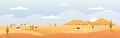 Summer autumn wide panorama landscape with village and sunrise vector illustration. Cartoon farm countryside outdoor Royalty Free Stock Photo