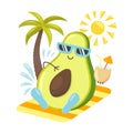 Summer avocado sunbathing under palm tree and sun - summer vibes print for t-shirts, greeting cards, stickers. Cute avocado on bea