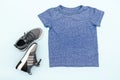 Summer babies blue gray clothes and accessories with t shirt,sneakers. Modern fashion kids casual outfit.Set of children`s Royalty Free Stock Photo