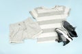 Summer babies gray clothes and accessories with t shirt, shorts,sneakers. Modern fashion kids casual outfit.Set of children`s Royalty Free Stock Photo