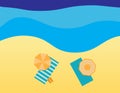 Beach towels, flip flops and umbrellas on sand and sea background