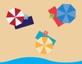 Beach towels flip flops and umbrellas on sand and sea background
