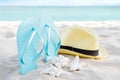 Summer background banner with flip flops. Vacation holiday accessories on beach. Slippers, hat and shell on sand near ocean. Royalty Free Stock Photo