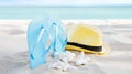 Summer background banner with flip flops. Vacation holiday accessories on beach. Slippers, hat and shell on sand near ocean. Royalty Free Stock Photo