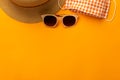 Summer background with beach accessories - straw hat, sunglasses, mask Royalty Free Stock Photo