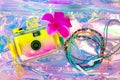 Summer background, beach holiday and travel concept with trendy hologram style bag Royalty Free Stock Photo