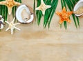 Summer background with beach sand, starfish coconut leaves, and shell decoration hanging on wooden background Royalty Free Stock Photo