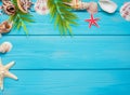 Summer background with beach sand, starfish coconut leaves, and shell decoration hanging on wooden background Royalty Free Stock Photo