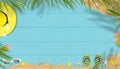 Summer background with beach vacation holiday theme with copy space on blue wooden panel, Vector horizon banner flat lay tropical Royalty Free Stock Photo