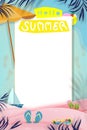 Summer background beach vacation holiday theme in pink wave layer on sea blue, Vector illustration vertical banner paper cut Royalty Free Stock Photo