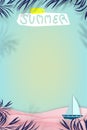 Summer background beach vacation holiday theme in pink wave layer on sea blue, Vector illustration vertical banner paper cut