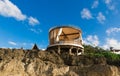 Summer background. Beautiful wooden arbor the rock. Place to meet sunset