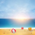 Summer background on blue sky beach with sunny burst.