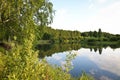 Summer background - calm river among birch groves. Summer landscape, water surface Royalty Free Stock Photo
