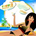 Summer background or card with girl with cocktail.