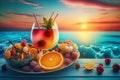 Summer background with cocktail glasses, fruit and berries on sunset background, generative ai