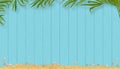 Summer background with Coconut plam leaf, seashells and sand beach on blue wooden panel background, Vector horizon banner flat lay