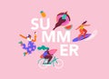 Summer background. Colorful, modern style banner. Summer fun, summer beach concept design with woman on hummock