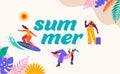 Summer background. Colorful, modern style banner. Summer fun, summer beach concept design with woman on hummock