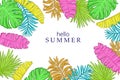 Summer background with colorful tropic exotic leaves. Botanical frame with place for text.