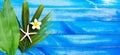 Starfish with plumeria or frangipani flower on tropical palm leaves on blue and white wooden texture background. Royalty Free Stock Photo