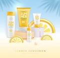 Summer background with 3d podium and set of sunscreens with slices of lemon or orange. Colorful summer scene.