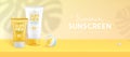 Summer background with 3d set of sunscreens and palm leaf shadow. Colorful summer scene. Royalty Free Stock Photo