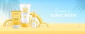 Summer background with 3d set of sunscreens and slices of lemon or orange. Colorful summer scene.
