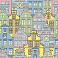 Summer background with decorated fronts of houses