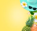 Summer background design concept. Top view with starfish, pineapple, hat, flower plumeria and monstera leaves on yellow background
