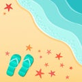 Summer background with flip flops on a sea beach with starfish shells. Royalty Free Stock Photo