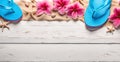 Summer background with flipflops and flowers with copy space Royalty Free Stock Photo