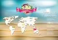 Summer background with Frangipani flower, world map and lifebuoy Royalty Free Stock Photo
