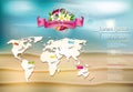 Summer background with Frangipani flower, world map and lifebuoy