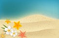Summer background with frangipani flowers and starfishes Royalty Free Stock Photo
