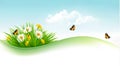 Summer background with grass, flowers and butterflies. Royalty Free Stock Photo