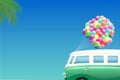 Summer background - Green mini van palms and bunch of colorful balloons