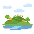 Summer background with the image of the houses among the trees and the lake at the foot of the hills. Vector