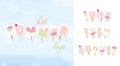 Summer background. June, july, august. Ice cream cartoon letters in pastel colors on blue sunny sky.
