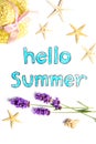 Summer background with lavender flower and other symbols Royalty Free Stock Photo