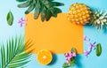 Summer background with orange, pineapple, flower and leaf on blue background Royalty Free Stock Photo