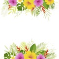 Summer background with palm leaves and tropical flowers. Floral banner template. Tropical card.