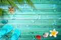 Summer background, palm trees, flip flops and sea shells Royalty Free Stock Photo