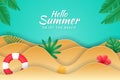 Summer background in paper cut style with pool floats, starfish and tropical plants. Beach background suitable for Summer