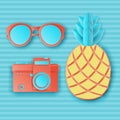 Summer background in pastel colors. Paper cut retro photo camera