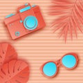 Summer background in pastel colors. Paper cut retro photo camera